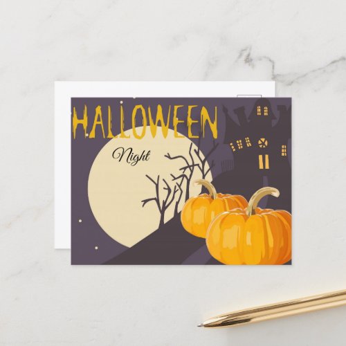 Vintage Spooky Halloween Moon and Pumpkin at Night Postcard