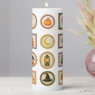 Vintage Spooky Halloween Postage Stamp Pillar Candle