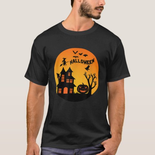 Vintage Spooky House Witch Bats Pumpkin Halloween  T_Shirt