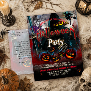 Vintage Spooky Pumpkins Witch Halloween Invitation Postcard