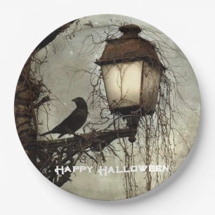 Vintage Spooky Raven on Lantern Halloween Paper Plates