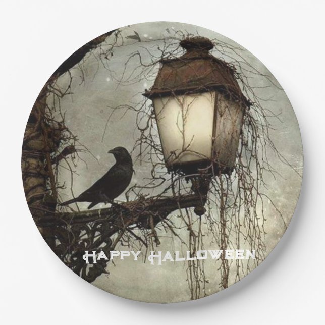 Vintage Spooky Raven on Lantern Halloween  Paper Plates (Front)