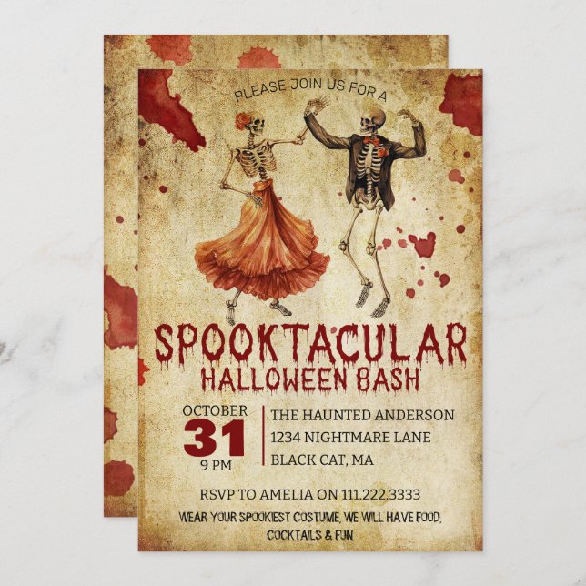 Vintage spooky Skeleton Bloody Halloween Party Invitation (Front/Back)