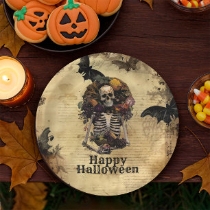 Vintage Spooky Skeleton Feast Halloween Party Paper Plates