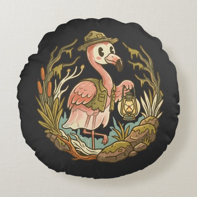 Vintage Spooky Swamp Flamingo Design Round Pillow (Front)