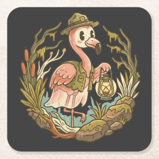 Vintage Spooky Swamp Flamingo Design Square Paper Coaster