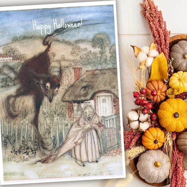Vintage Spooky Witch and Black Cat Arthur Rackham Card | Zazzle