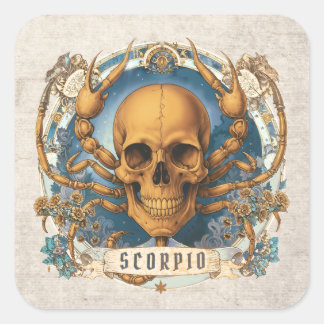 Vintage Spooky Zodiac Floral Scorpio Unique Skull Square Sticker