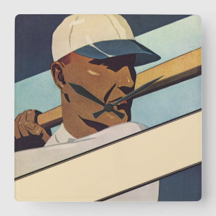 Vintage Sports Baseball Batter, Stylized Art Square Wall Clock