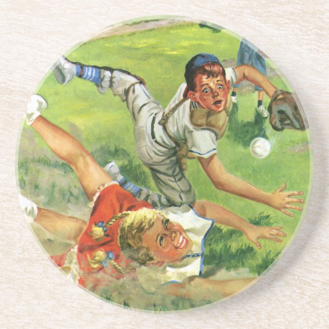 Vintage Sports Baseball, Children Teams Playing Coaster (Front)