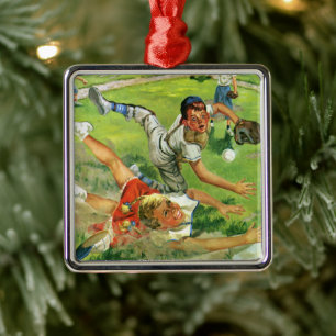 Vintage Sports Baseball, Children Teams Playing Metal Ornament