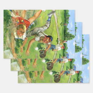 Vintage Sports Baseball, Children Teams Playing Wrapping Paper Sheets