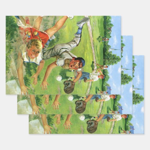 Vintage Sports Baseball Children Teams Playing Wrapping Paper Sheets
