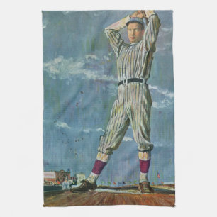 Vintage Sports Baseball, Pitcher in Baseball Game Kitchen Towel