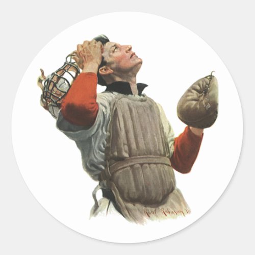 Vintage Sports Baseball Player Catcher Look Up Classic Round Sticker