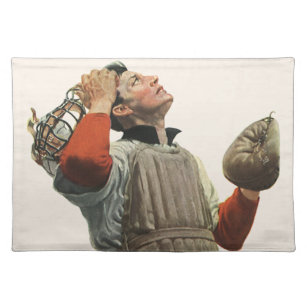 Vintage Sports Baseball Player, Catcher Look Up Cloth Placemat