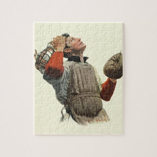 Vintage Sports Baseball Player Catcher Look Up Jigsaw Puzzle