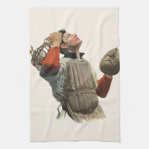 Vintage Sports Baseball Player Catcher Look Up Kitchen Towel