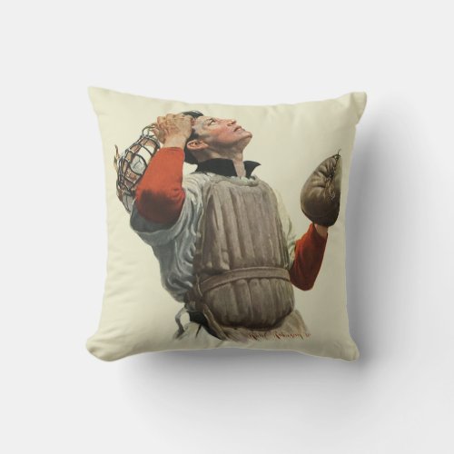 Vintage Sports Baseball Player Catcher Look Up Throw Pillow