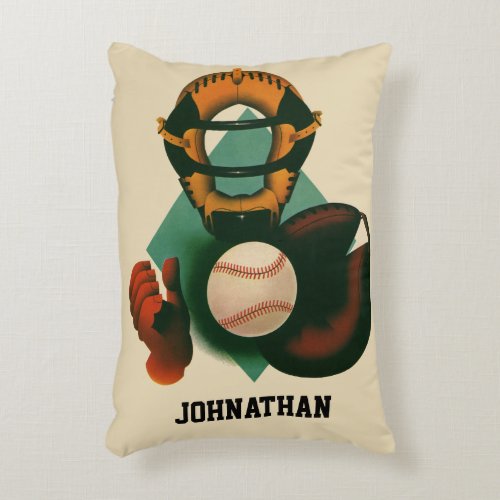 Vintage Sports Baseball Player Catcher with Mitt Accent Pillow