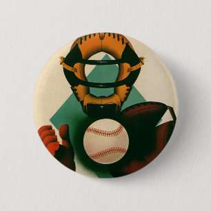 Vintage Sports Baseball Player, Catcher with Mitt Button