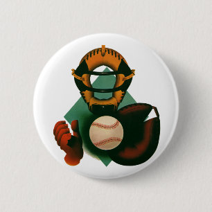 Vintage Sports Baseball Player, Catcher with Mitt Button