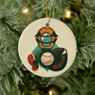 Vintage Sports Baseball Player, Catcher with Mitt Ceramic Ornament