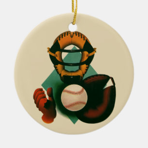 Vintage Sports Baseball Player, Catcher with Mitt Ceramic Ornament