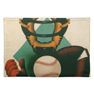 Vintage Sports Baseball Player, Catcher with Mitt Cloth Placemat