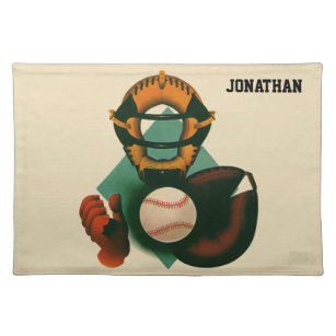 Vintage Sports Baseball Player, Catcher with Mitt Cloth Placemat