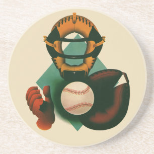 Vintage Sports Baseball Player, Catcher with Mitt Coaster