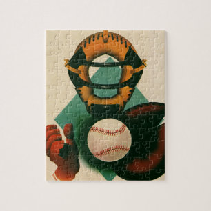 Vintage Sports Baseball Player, Catcher with Mitt Jigsaw Puzzle