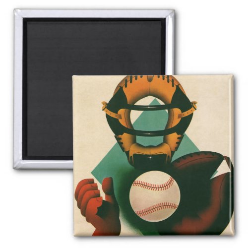 Vintage Sports Baseball Player Catcher with Mitt Magnet