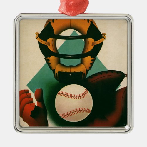 Vintage Sports Baseball Player Catcher with Mitt Metal Ornament