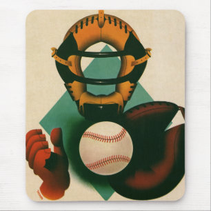 Vintage Sports Baseball Player, Catcher with Mitt Mouse Pad