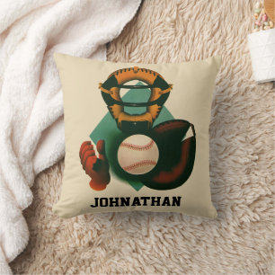Vintage Sports Baseball Player, Catcher with Mitt Throw Pillow