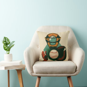 Vintage Sports Baseball Player, Catcher with Mitt Throw Pillow