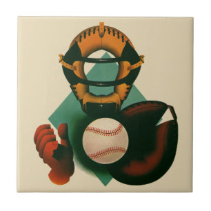 Vintage Sports Baseball Player, Catcher with Mitt Tile