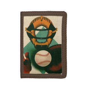 Vintage Sports Baseball Player, Catcher with Mitt Trifold Wallet