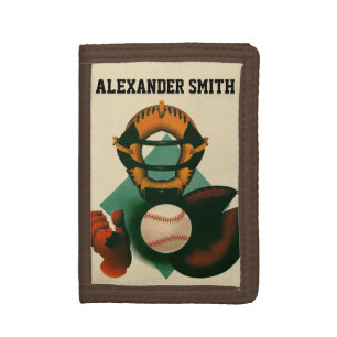 Vintage Sports Baseball Player, Catcher with Mitt Trifold Wallet