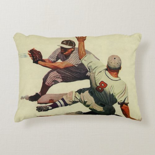 Vintage Sports Baseball Player Sliding into Home Accent Pillow