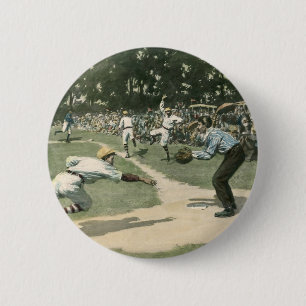 Vintage Sports, Baseball Player Sliding into Home Button