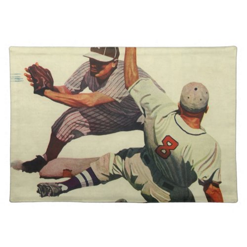 Vintage Sports Baseball Player Sliding into Home Cloth Placemat