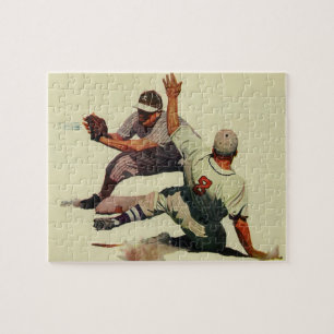 Vintage Sports Baseball, Player Sliding into Home Jigsaw Puzzle