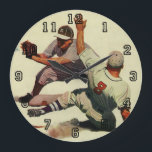 Vintage Sports Baseball, Player Sliding into Home Large Clock<br><div class="desc">Vintage illustration sports baseball design featuring a runner sliding safely into home plate during a game as the catcher is catching the ball. Number 8 is safe on base!</div>