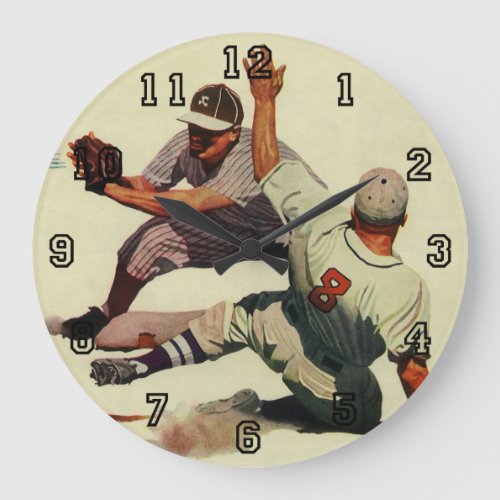 Vintage Sports Baseball Player Sliding into Home Large Clock
