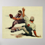 Vintage Sports Baseball, Player Sliding into Home Poster<br><div class="desc">Vintage illustration sports baseball design featuring a runner sliding safely into home plate during a game as the catcher is catching the ball. Number 8 is safe on base!</div>