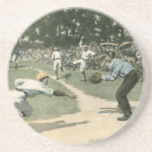 Vintage Sports, Baseball Player Sliding into Home Sandstone Coaster