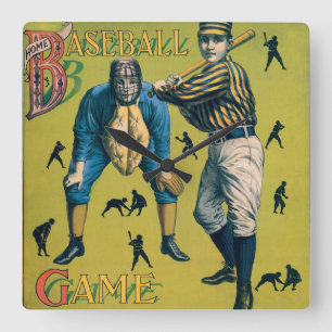 Vintage Sports Baseball Players at the Home Game Square Wall Clock