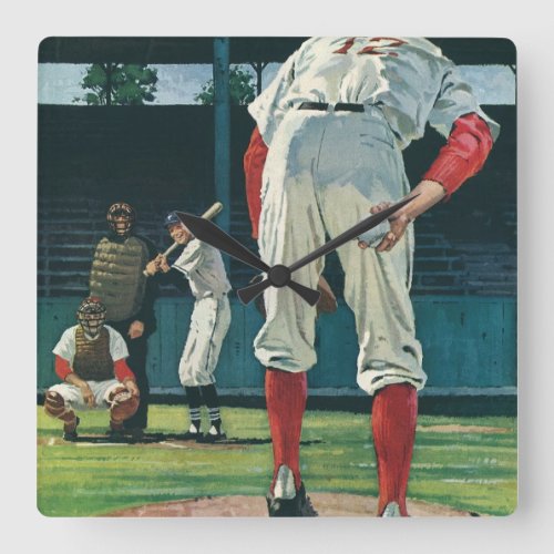 Vintage Sports Baseball Players Pitcher on Mound Square Wall Clock